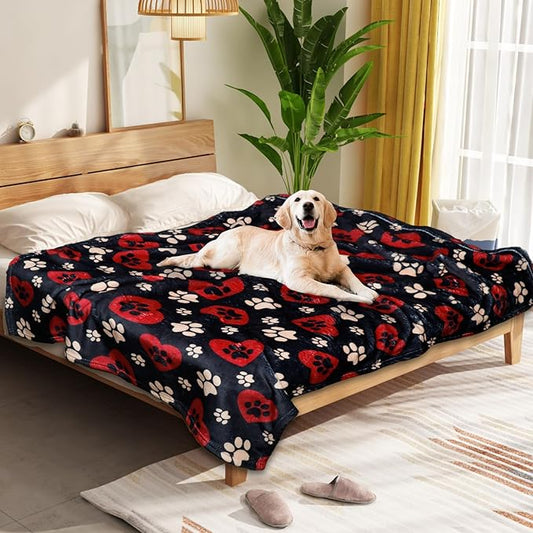 Dog Blankets for Large Dogs, 80"x60" Blanket Washable, Fuzzy Soft Pet Mat Throw Cover for Kennel Crate Bed, Cute Paw Pattern, Cat Blanket, Gifts Medium Small Pet Essentials, Black Red