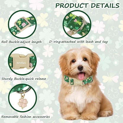 St. Patrick's Day Dog Collar,Green Clover Lucky Shamrock Puppy Collar,Adjustable Spring Cotton Collars Gifts for Small Medium Large Dogs,Dog Accessories S