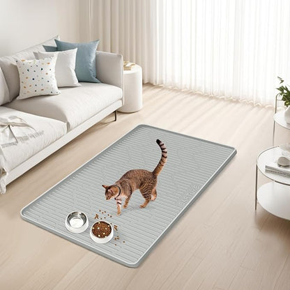 Silicone Cat & Dog Food Mat, 34" x 20" Large Pet Feeding Mat for Cats and Dogs Bowl, Pet Placemat for Food and Water with Raised Edge, Waterproof, Leakproof (Grey)