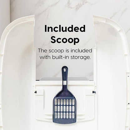 IRIS USA Cat Litter Box, Large Enclosure with Front Door Flap and Scoop, Covered Box with Handle and Buckles for Portability and Privacy, Navy/White