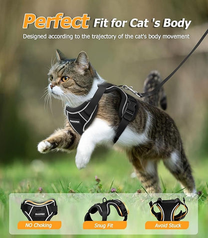 Halypet Cat Harness and Leash Set - MAX Safety 4th-Gen Upgrade, Escape Proof, Adjustable, Comfortable Soft Vest, Easy to Wear Kitten Harness with Reflective Strip for Cats Walking - Small Black