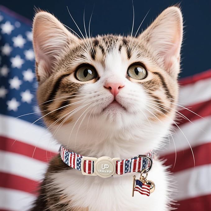 4th 0f July Cat Collar,2Pack Patriotic Day Kitten Collars Cute Flag Breakaway Kitty Collars,Summer Baseball Blue Cat Collar with Bell, for Girl & Boy Cats