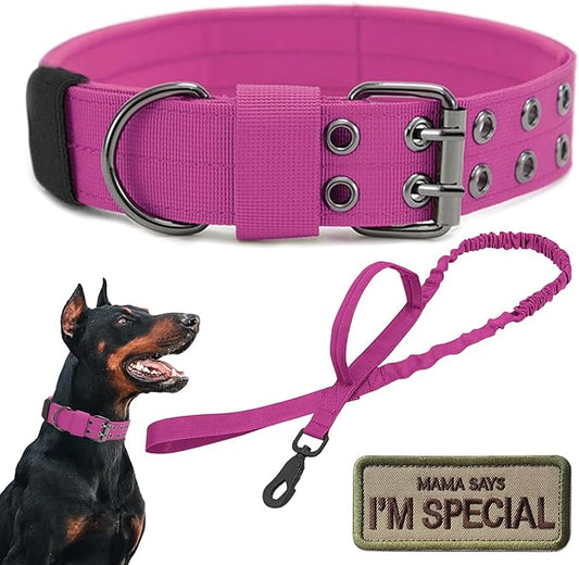 Tactical Dog Collar Military Adjustable Dog Collars Soft Nylon Training Collar with Patch Heavy Duty Metal Buckle Collars for Medium Large Dogs (Pink-1, L)
