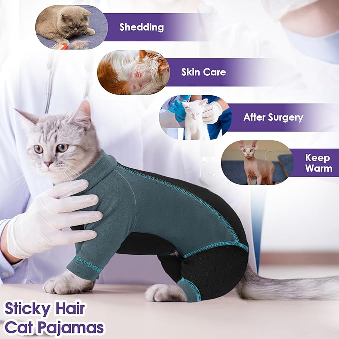 SUNFURA Hair Sticky Cat Clothes, Cat Sweater for Cats Only, 4-Legged Fleece Sweaters Kitten Pajamas Reduce Shedding Fur, Warm Pullover Shirts for Cats, Green XL