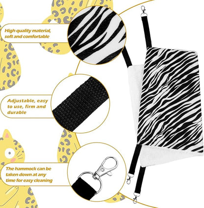 Jetec 2 Pack Cat Hammock for Cage, Catio Accessories Reversible Soft Cats Bed with Adjustable Straps and Hooks Double-Sided Linen and Fleece Hanging Hammock for Cats, Kitten(Zebra, Tiger Stripes,M)