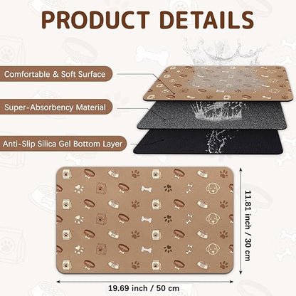 Dog Food Mat for Bowls, Absorbent Quick Dry Dog Cat Mats for Food and Water, Non-Slip Backing Pet Mat Pet Supplies - Bone Pattern