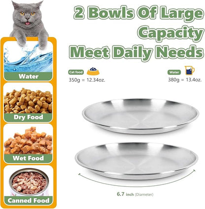 6-Pack Stainless Steel Cat Food Bowls, Shallow Whisker-Friendly Non-Slip Silicone Base Metal Dishes, Easy to Clean Indoor Feeding Flat Plates for Cat, Kitten, Small Dog (6.7")