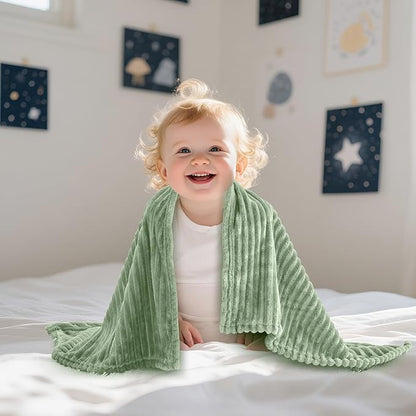 Soft Fleece Baby Blanket Ultra Cozy Green Baby Blankets for Boys Warm and Lightweight Infant Toddler Newborn Receiving Gift with Reversible Stripes for Crib Stroller, 30x40 Inch, Sage Green