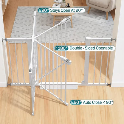 Mumeasy 29.7–48" Baby Gate for Stairs, Dog Gate for Doorways, Auto Close Child Gate, Indoor Safety Pet Gate with Walk Thru Door, Easy Install Pressure Mounted Extra Wide Gate for Kitchen, House,White