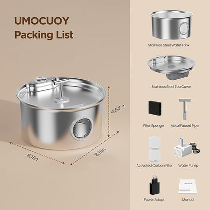 Cat Water Fountain Stainless Steel: Cat Fountain for Drinking with Filter - Pet Water Fountain for Cats Indoor - Automatic Pet Water Dispenser Bowl - 6 Carbon Filters & 3 Foam Filters