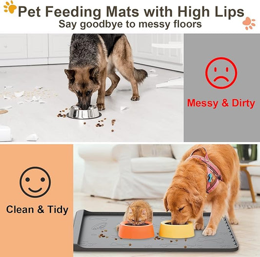 Dog Food Mat - Silicone Dog Mat for Food and Water - 28" x 20" Pet Feeding Mats with Residue Collection Pocket - Waterproof Dog Cat Bowl Mat with High Edges to Prevent Water Food Spills (Gray)