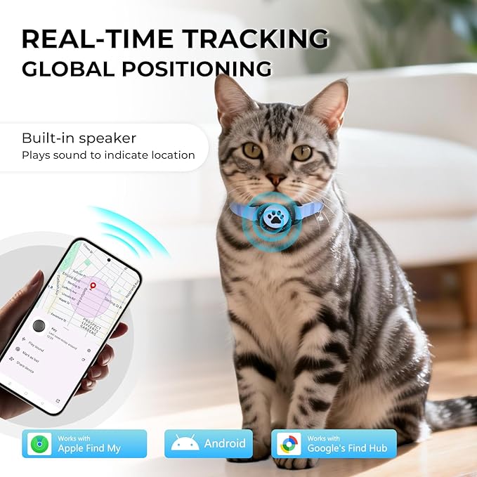GPS Cat Tracker Collar(iOS & Android), Bluetooth Mini GPS Dog Tracker, Smart Pet Activity Tracker, No Monthly Fee, Work with Apple Find My & Google Find Hub, Finder Tag for Pets,Items M5 1P Blue