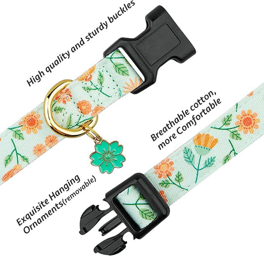 Cotton Handmade Dog Collar Cute and Distinctive Patterns Green Sunflower with Pendant for Girl Boy Dogs Collars S