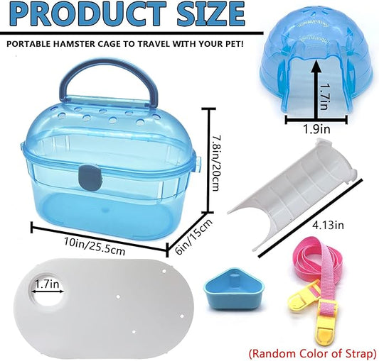 Portable Hamster Cage Syrian Hamster Carry Travel Cage with Water Bottle Food Bowl Adjustable Strap Small Animals Outgoing Cages for Gerbil Squirrel Guinea Pig Chinchilla Hedgehog Blue