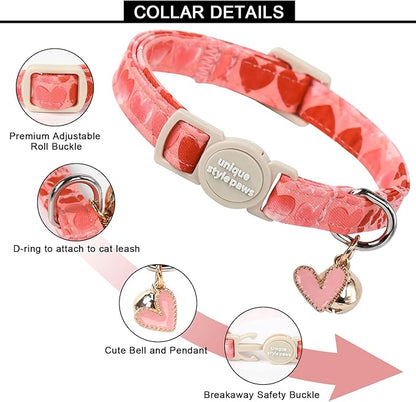 Unique style paws 2 Pack Valentine's Kitten Collar Breakaway with Bell&Pendant, Adjustable Safety Red Lip Rainbow Cat Cotton Collar for Girl Boy Cat and Small Pet
