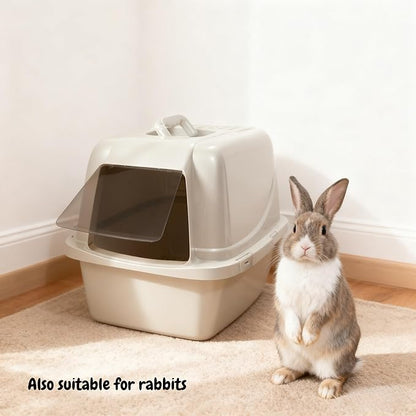 Large Enclosed Cat Litter Box with Vented Hood, Prevents Scatter and Odors, Cat & Rabbit Corner Covered Litter Box,19x14x15.5 Inches, Pearl White