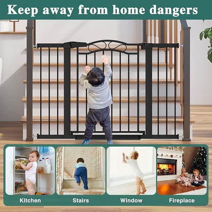 Fairy Baby 54.4"-57.0" Extra Wide Baby Gate with Door, 55 56 57 Inches Walk THR Baby Gates for Stairs Pressure Mounted no Drill, Indoor Tension Metal Child Pet Dog Safety Gate for Kids, Black