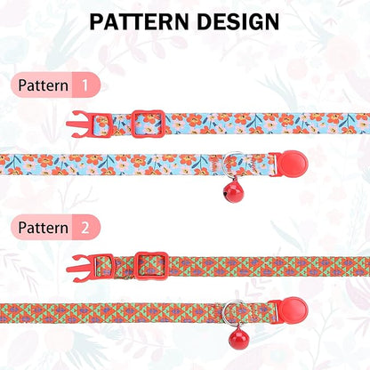Breakaway Cat Collars for Girl Boy Cats, Fall Winter All Weather Cat Collar Personalized Pattern 2 Pack,Cute Classic Safety Buckles and Bells,Adjustable Printed Nylon Colorful Red