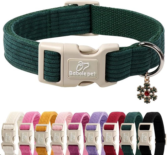 Cute Corduroy Dog Collar - Forest Green Adjustable Dog Collars for X-Large Dogs 80+lbs, Fade-Proof with Secure Snap & Little Charm, Christmas Birthday Gift, XL