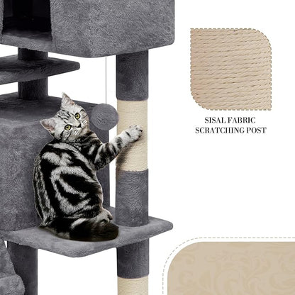 Athena Collection Cat Climbing Tree - 70 Inch Indoor Cat Activity Center with Multi-Levels, Cat Condo, Scratching Post, Dangling Ball, Dark Gray