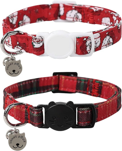 Lionet Paws 2pcs Pack Cotton Cat Collar,Breakaway Buckle Christmas Cat Colar with Santa,Red Green Grid Cute Adjustable Cat Kitten Collar,Ideal for Girl Cats Boy Cats