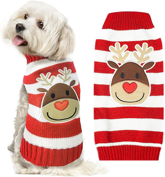 Dog Christmas Sweater Cute Striped Reindeer Xmas Pet Clothes Holiday Puppy Cat Costume New Year Gifts for Small Medium Large Dogs Jumpers (XXS, Red White Stripe Reindeer)