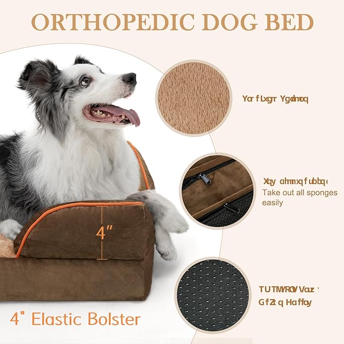 Comfort Expression Orthopedic Dog Bed for Large Dogs 35x22 Inch, Waterproof Supportive Egg Crate Foam Large Pet Bed with Removable Bolsters, Dog Couch with Washable Cover & Non-Slip Bottom, Brown