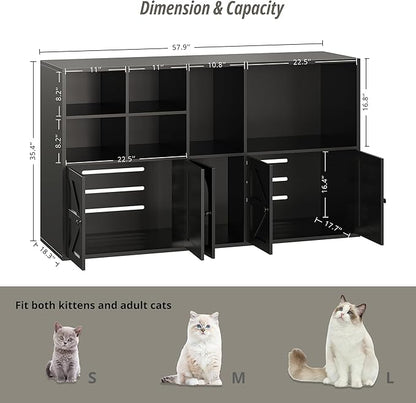 IRONCK Cat Litter Box Enclosure for 2 Cats, Litter Box Furniture Hidden with Double Room and Large Storage Space, Wooden Washroom Furniture, Cat House, Black