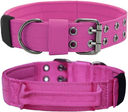 Tactical Dog Collar with Handle, Military Adjustable Heavy Duty Metal Buckle Dog Collars Soft Nylon Training Collar for Medium Large Dogs (Pink, Large)