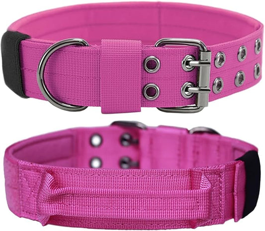 Tactical Dog Collar with Handle, Military Adjustable Heavy Duty Metal Buckle Dog Collars Soft Nylon Training Collar for Medium Large Dogs (Pink, X-Large)