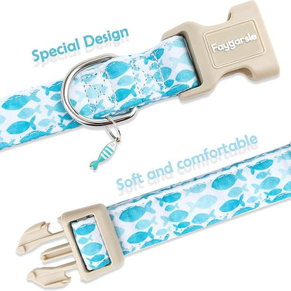 Faygarsle Fish Pattern Dog Collar, Adjustable with Buckle, Blue and White, Summer Design for Small Medium Large Dogs XS