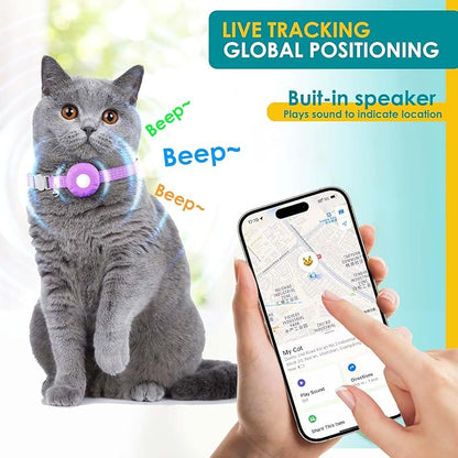 GPS Tracker for Cats, Compatible with Apple Find My App (Only iOS), No Monthly Fee Cat Tracker, Waterproof (White Tracker, Purple Cat Collar)