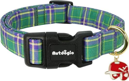 Dog Collar with Dark Green Striped Checkered for Spring Summer, Adjustable Cotton Puppy Collar for Small Medium Large Girl Boy Dogs-XS