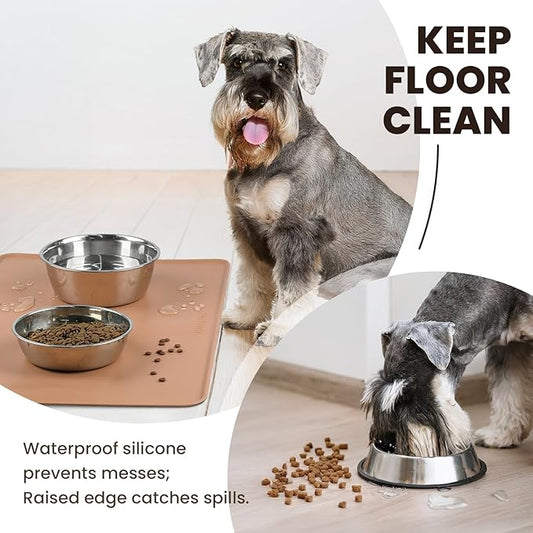 VIVAGLORY Dog Food Mat Flexmat Dog Bowl Mat, Placemat Food Tray with Raised Edges & Lip for Indoor Floor, Non Slip Waterproof Silicone Dish Placemat for Cat & Pet, L, Khaki