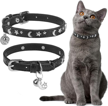 EXPAWLORER Cat Collar for Girl Boy Cats- Adjustable Leather Pet Collar with Safety Elastic Belt,Personalized Punk Accessories Buckle Collars with Bell & Durable D-Ring, Star & Moon