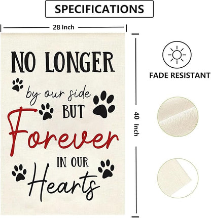 Pet Memorial House Flag No Longer By My Side Forever in Our Heart 28x40 Inch Double Sided Burlap Pawprints Lost Pet Cat Dog Bereavement Gift Outdoor Yard Decor
