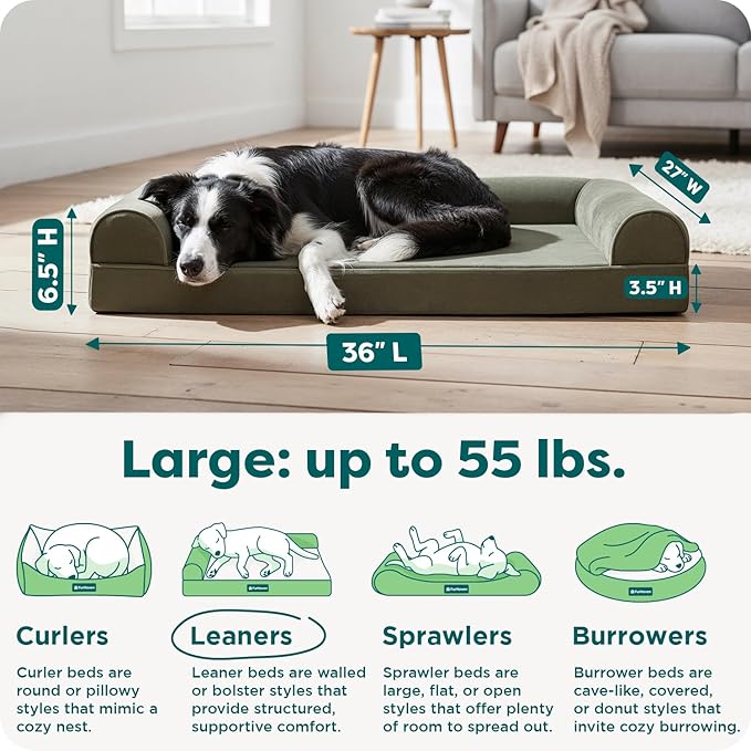 Furhaven Orthopedic Dog Bed for Large/Medium Dogs w/ Removable Bolsters & Washable Cover, For Dogs Up to 55 lbs - Faux Fur & Velvet Sofa - Dark Sage, Large
