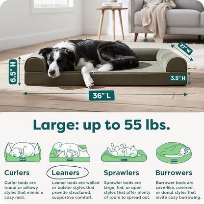 Furhaven Orthopedic Dog Bed for Large/Medium Dogs w/ Removable Bolsters & Washable Cover, For Dogs Up to 55 lbs - Faux Fur & Velvet Sofa - Dark Sage, Large