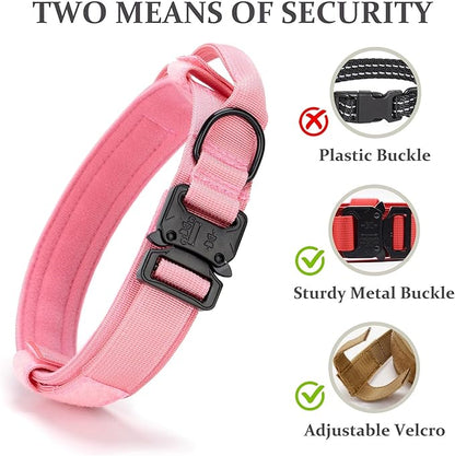 Tactical Dog Collar, Adjustable Military Training Nylon Dog Collar with Control Handle and Heavy Quick-Release Metal Buckle for Small Medium Large Dogs, Light Pink XL