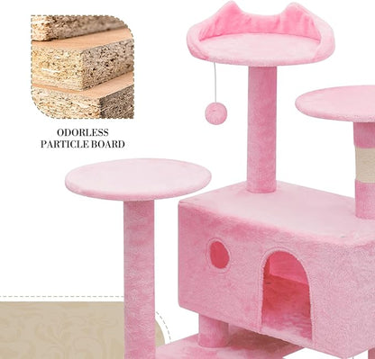 Athena Collection Cat Tree, 77 Inch Cat Tower for Indoor Cats, Multi-Level Cat Tree Tower Activity Center with 2 Cat Condo & Cat Scratching Post & Dangling Ball, Tall Cat Tree, Soft Pink