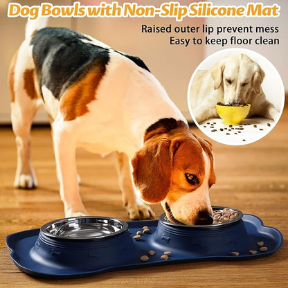 Hubulk Pet Dog Bowls 2 Stainless Steel Dog Bowl with No Spill Non-Skid Silicone Mat + Pet Food Scoop Water and Food Feeder Bowls for Feeding Small Medium Large Dogs Cats Puppies (Large, Navy Blue)