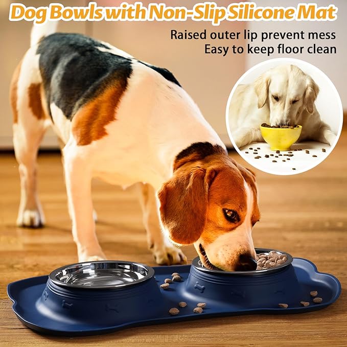 Hubulk Pet Dog Bowls 2 Stainless Steel Dog Bowl with No Spill Non-Skid Silicone Mat + Pet Food Scoop Water and Food Feeder Bowls for Feeding Small Medium Large Dogs Cats Puppies (Medium, Navy Blue)