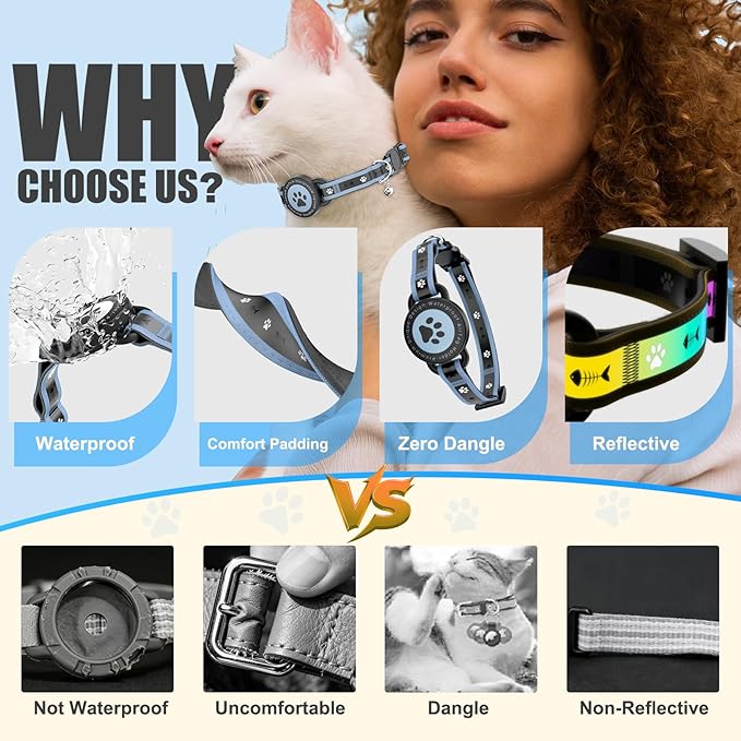 Airtag Cat Collar Breakaway, Reflective Cat Collar with AirTag Holder and Bell, Compatible with Apple Air Tag, Comfortable Padding, Adjustable, Durable (Blue, XS)