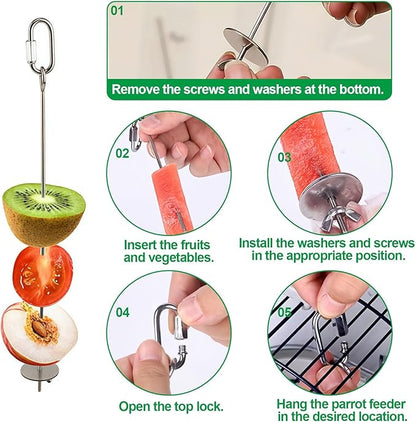 2 Pcs Bird Cage Food Holder Stainless Steel Parrot Fruit & Vegetable Skewer Hanging Foraging Toy for Parakeets, Budgies, Macaws
