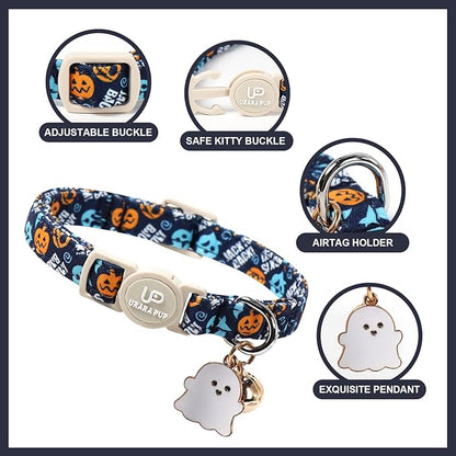 Halloween Cat Collar-2Pack Autumn Pumpkin Kitten Collars-Funny Halloween Ghost Breakaway Kitty Collars-Cute Ghost & Pumpkin Pendants,Fall Cat Collar with Bell, for Girl & Boy Cats