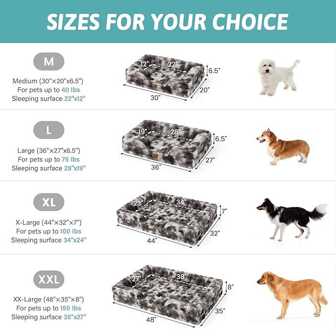 Self Warming Dog Bed for Large Size Dog, Faux Fur Orthopedic Puppy Sofa with Washable Removable Cover, Bolster Orthopedic Foam Bed for Pet Up to 100 lbs, XL 44x32x7 inch, Tie Dye Grey