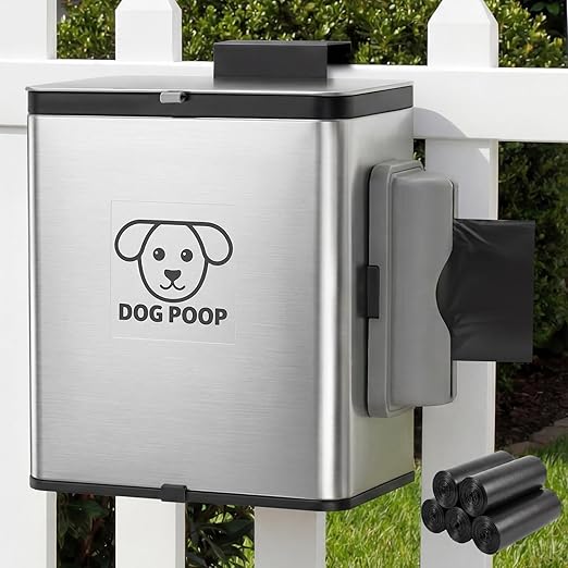 Dog Poop Trash Can Outside, 2.1 Gallon Dog Waste Container with Trash Bag Dispenser, Outdoor Pet Poop Bucket with Lid, Black Hanging Waste Container with Bags for Fence, Garbage, CounterTop