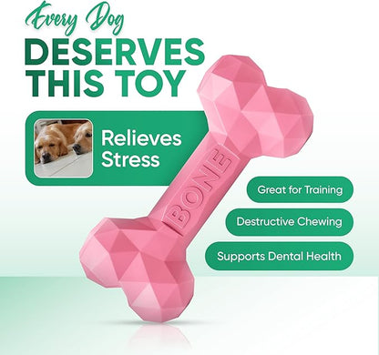 Natural Rubber Dog Chew Bone – Treat-Dispensing, Tough & Indestructible Chew Toy – Safe for Aggressive Chewers – Dental Health & Boredom Relief (Pink)