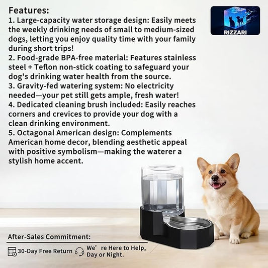 Sfozstra Large Dog Water Dispenser: 5L Automatic Gravity Water Feeder - Dishwasher-Safe Stainless Steel Bowl - Easy Clean - No Power Needed - for Cats & Small Dogs - Kitchen Corner/Crate Area