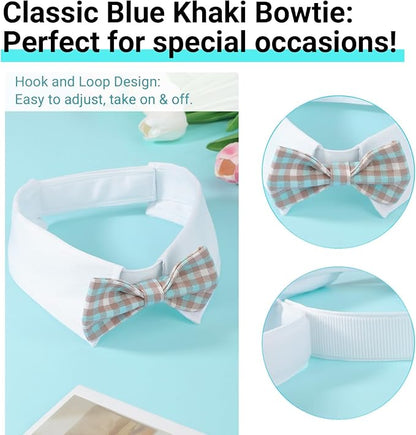 Segarty Dog Bow Tie Neck Girth 16.5-21.2in, Adjustable Blue Khaki Plaid Bowtie Collar for Extra Large Dogs, Pet Necktie Tuxedo Comfortable Cotton Grooming Accessory for Formal Wedding Holiday Birthday